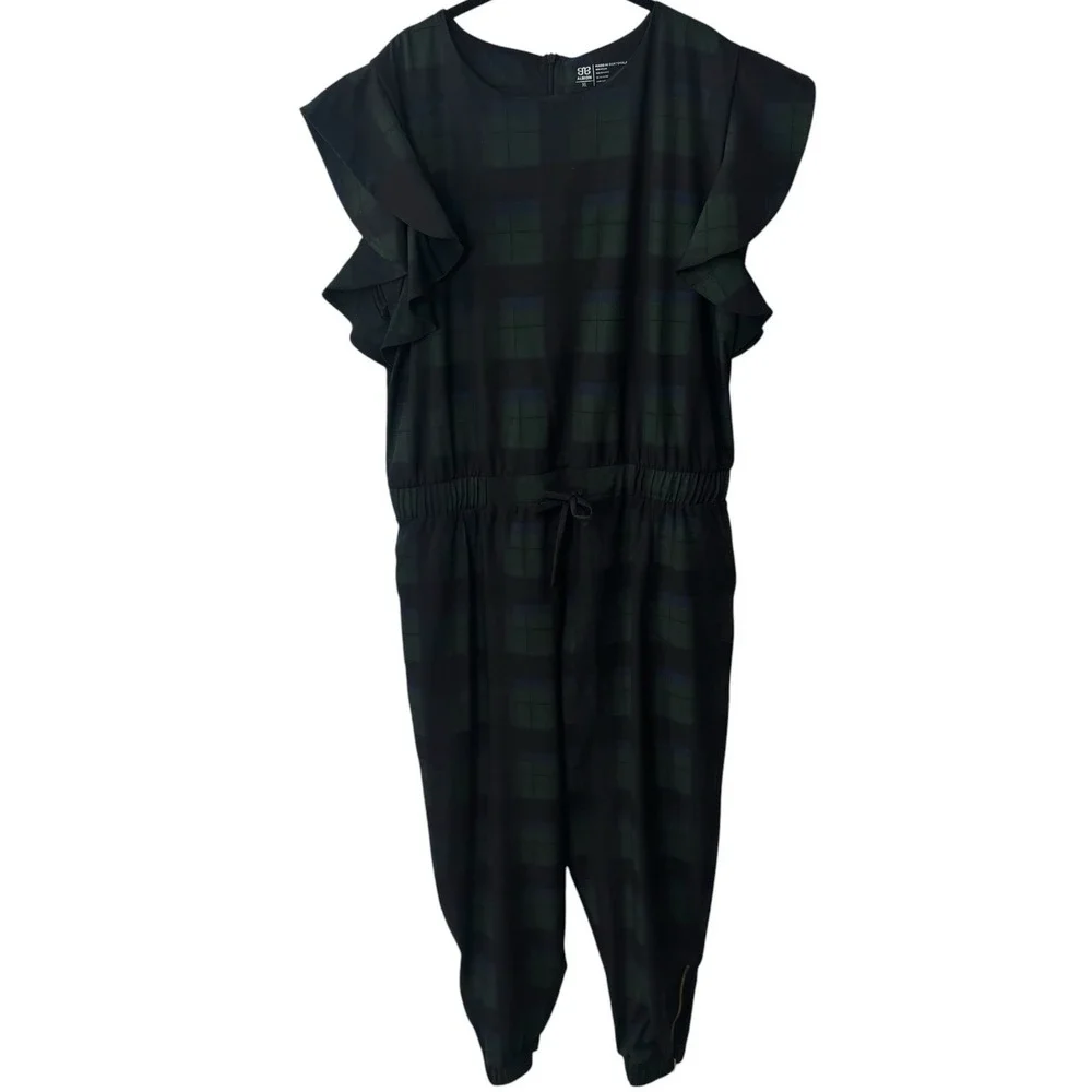 Albion Blue Green Plaid Jumpsuit Flutter Sleeve Jogger Style Preppy Comfort XL